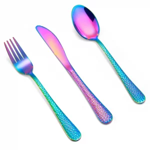 LIANYU 12-Piece Rainbow Kids Silverware Set, Stainless Steel Toddler Utensils, Hammered Preschooler Metal Flatware Cutlery Set, Children Tableware In
