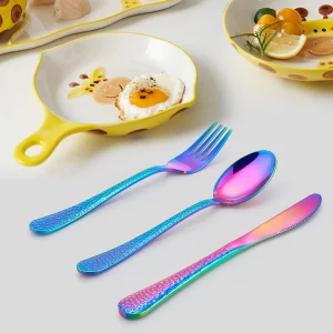 LIANYU 12-Piece Rainbow Kids Silverware Set, Stainless Steel Toddler Utensils, Hammered Preschooler Metal Flatware Cutlery Set, Children Tableware In