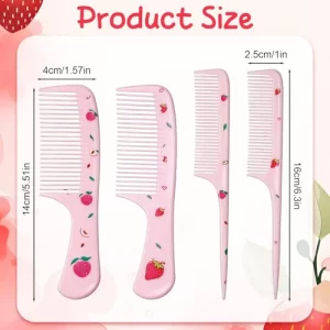4Pcs Cute Hair Comb Set, Pink Strawberry Comb for Toddler Portable Cute Fruit Girl Hair Combs for Kids Women Girls All Hairs Types Long Short Wet Dry