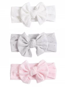 Baby Girls Bow Headband, Nylon Lace Turban Style Hair Accessory-Ideal for Cradle Cap-Perfect Baby Registry Gift?White+Gray+Pink
