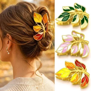Pecieco Gold Metal Leaf Hair Claw Clip for Thick Hair, Green Maple Shark Claw Clip, Medium Hair Accessories for Women (3 Pack)