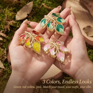 Pecieco Gold Metal Leaf Hair Claw Clip for Thick Hair, Green Maple Shark Claw Clip, Medium Hair Accessories for Women (3 Pack)