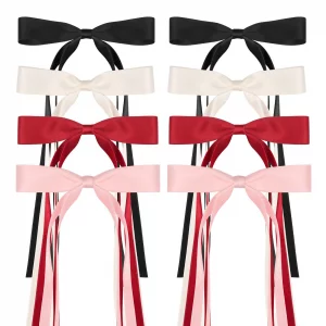 8 PCS Silky Satin Hair Bows with Tassel for Women Grils, Tassel Ribbon Bowknot Hair Clips for Ponytail Holder. Pink, Red Hair Bow and Black, White Ba