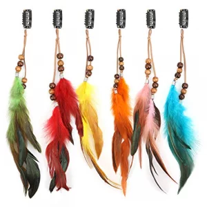 MWOOT 6Pcs Feather Hair Clips, Handmade Boho Hair Extensions with Clip Comb, Bohemian Hippie Hairpin Feather Indian Tassel Hemp Rope Festival Headwea