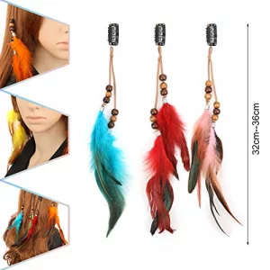 MWOOT 6Pcs Feather Hair Clips, Handmade Boho Hair Extensions with Clip Comb, Bohemian Hippie Hairpin Feather Indian Tassel Hemp Rope Festival Headwea