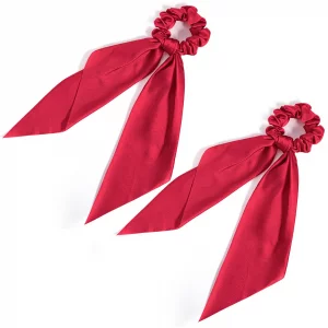 Bow Scrunchies for Women 2 PCS Red Silk Scarf Scrunchies Ponytail Holders Hairs Ribbons Ponytail Scarf Knotted Bow Silk Hairs Ties Satin Hair Ribbon 