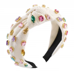 Gmmidea Jeweled Knotted Headband for Women Girls Sparkly Crystal Rhinestone Headband Wide Top Knot Women's Embellished Hairband Hair Accessories Beig