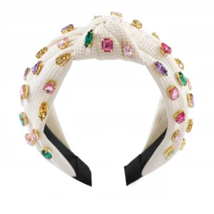 Gmmidea Jeweled Knotted Headband for Women Girls Sparkly Crystal Rhinestone Headband Wide Top Knot Women's Embellished Hairband Hair Accessories Beig