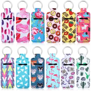Frienda 12 Pieces Lipstick Holder Keychain - Neoprene Lip Balm Sleeve with Metal Ring, for Travel, Birthday Gifts & Lanyards