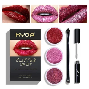 KYDA 3 Colors Glitter Lip Kit, Diamond Metllic High Pigmented Powder for Lips Cosmetics, Glitter Lips Makeup,with Lip Primer and Brush, Long Wear-Set