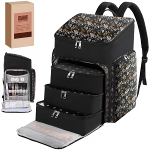 Floral Pattern Nail Polish Storage Backpack, Large Capacity Organizer Case with Multiple Compartments, Black