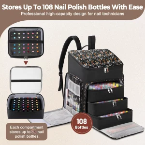 Floral Pattern Nail Polish Storage Backpack, Large Capacity Organizer Case with Multiple Compartments, Black