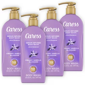 Caress Creamy Vanilla Blossom Moisturizing Body Wash with Pump, Serum-Infused Formula with Niacinamide, Sweet Musky Long Lasting Fragrance, Dermatolo