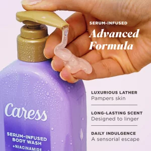 Caress Creamy Vanilla Blossom Moisturizing Body Wash with Pump, Serum-Infused Formula with Niacinamide, Sweet Musky Long Lasting Fragrance, Dermatolo