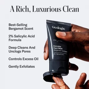 Geologie 2% Salicylic Acid Face Wash Bergamot + Juniper Scent | Facial Cleanser for Men & Women | Acne & Oil Control | Deep Cleansing & BHA Exfoliati
