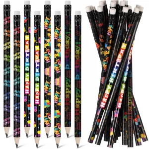 Sabary 24 Pcs Happy Birthday Pencils Colorful Birthday School Student Supplies Unsharpened HB Pencils with Erasers Stationery Bulk for Teacher Classr