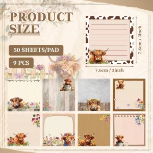 Saypacck 9 Pads Highland Cow Sticky Notes 3x3 Inch Cute Self Stick Notepads Notes Adhesive Memo Pad Office Decor Gifts for Students School Teacher Me