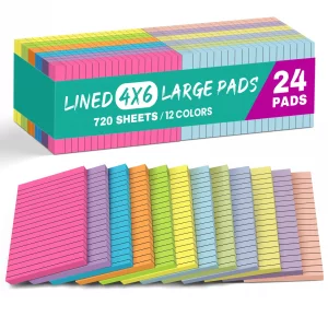 Lined Sticky Notes, 24 Pads, 4x6 Inches, Large Sticky Notes with Lines, Memo Note Pads in Multi Colors, 30 Sheets/Pad, Super Sticking Power for Offic
