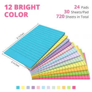 Lined Sticky Notes, 24 Pads, 4x6 Inches, Large Sticky Notes with Lines, Memo Note Pads in Multi Colors, 30 Sheets/Pad, Super Sticking Power for Offic