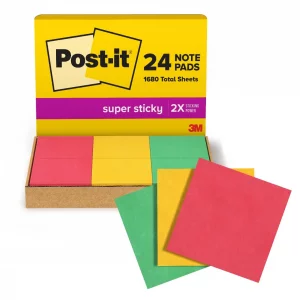Post-it Super Sticky Notes, 24 Sticky Note Pads, 3 in. x 3 in. Red, Yellow & Green, School Supplies, Office Products, 2X the Sticking Power, Workshop