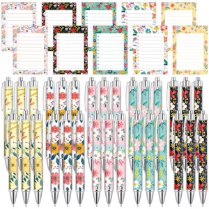 Kosiz 60 Pcs Flower Notepads with Pens Floral Sticky Notes Funny Ballpoint Pens Bulk Floral to Do List Memo Pads for Flower Theme Party Favors Office