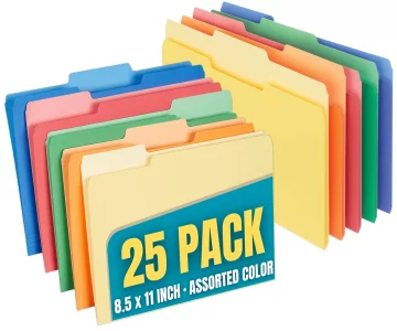 1InTheOffice Colored Interior File Folders Letter Size, File Folders 1/3 Cut Assorted Tab, Assorted Colors, 25/Pack