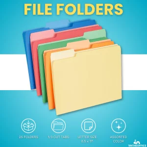 1InTheOffice Colored Interior File Folders Letter Size, File Folders 1/3 Cut Assorted Tab, Assorted Colors, 25/Pack