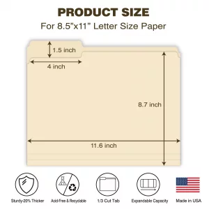 Manilla Folders 8.5 x 11 File Folders Letter Size Manila Folder with 1/3 Cut Tab 100 Pack Paper Folders for Office, School, Home, Business Filing Sup
