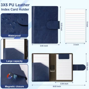 Blue Index Card Holder PU Leather 3x5 Note Card Holder Wallet Portable Pocket Notepad with Pen Holder Magnetic Index Card Case with Card Solt 20 Pcs 
