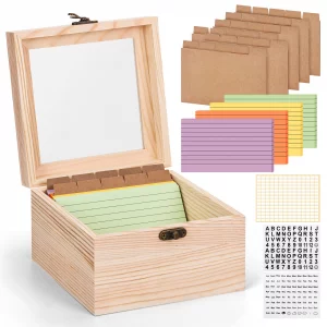 meiqidi Index Card Organizer with Dividers, Index Card Box 3x5 with Clear Lid, 100 Pcs Flash Cards, 30 Dividers, 1 Blank Sticker, 1 Letter Sticker an
