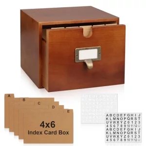 DLUGOPIS 4x6 Index Card Holder Wooden Index Card Storage Box with Drawers Brown Vintage Card Catalog Box Recipe Notecard Box 5 Index Cards Dividers 2