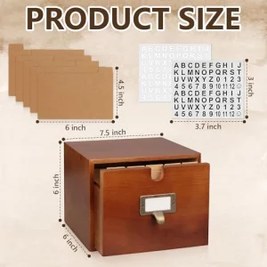 DLUGOPIS 4x6 Index Card Holder Wooden Index Card Storage Box with Drawers Brown Vintage Card Catalog Box Recipe Notecard Box 5 Index Cards Dividers 2