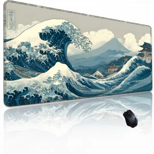 Gudnis Kanagawa Wave Surfing Mouse pad,Large Japanese Anime Pattern Desk mat with Sewn Edges, microwoven Fabric, Easy to Clean, Suitable for Laptop G