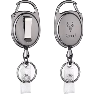 QREEL Heavy Duty Badge Reel, Metal Retractable Keychain, Steel Cord Retractable Badge Holder with Carabiner, Belt Clip and Key Ring (Gun Grey, All Me