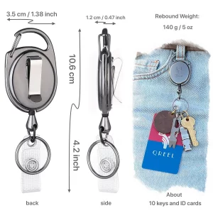 QREEL Heavy Duty Badge Reel, Metal Retractable Keychain, Steel Cord Retractable Badge Holder with Carabiner, Belt Clip and Key Ring (Gun Grey, All Me
