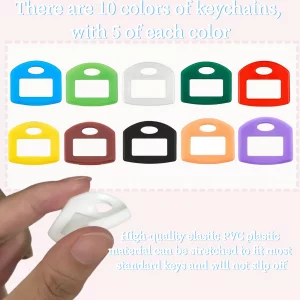 50 Pack Colored Key Covers with Labels - Silicone Key Identifier Caps for Home & Office Organization, Fits Standard House Keys, 10 Colors (10 Colors)