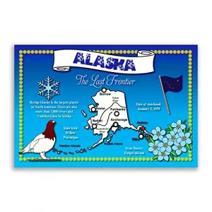 ALASKA STATE MAP postcard set of 20 identical postcards. Post cards with AK map and state symbols. Made in USA.