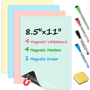 MAXECHO Magnetic Dry Erase Board Sheets, 4 Colors White Board for Fridge with 4 Markers & 1 Eraser, Reusable Blank Magnetic Whiteboard for Refrigerat