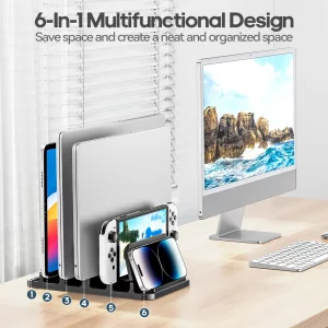 KDD 4-Slot Vertical Laptop Stand with Gravity Locking, 6-in-1 Laptop Holder Desktop Stand, Space-Saving Organizer Fits MacBook/Surface/HP/Dell/Book/T