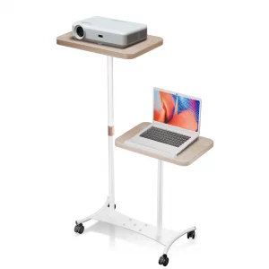 YUMFUN 2 Shelves Projector Stand, Mobile Laptop Cart on Wheels Projector Stand Adjustable Height 20 to 53 Inches, Overbed Table with 5 Lockable Caste