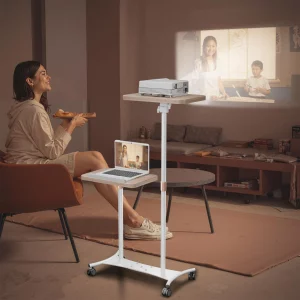 YUMFUN 2 Shelves Projector Stand, Mobile Laptop Cart on Wheels Projector Stand Adjustable Height 20 to 53 Inches, Overbed Table with 5 Lockable Caste