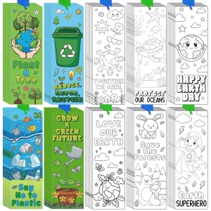 100 Pcs Earth Day Color Your Own Bookmarks Environmental Protection DIY Coloring Blank Bookmarks with Ribbon Art Crafts Supplies School Classroom Rew