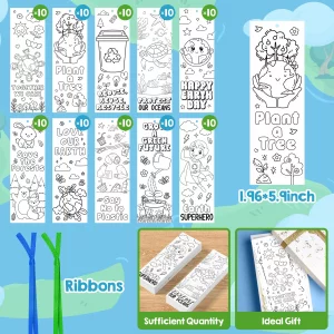 100 Pcs Earth Day Color Your Own Bookmarks Environmental Protection DIY Coloring Blank Bookmarks with Ribbon Art Crafts Supplies School Classroom Rew