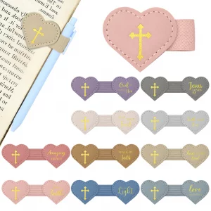 Resurhang 10 Pcs Bible Magnetic Bookmarks with Pen Holder Leather Christian Cross Bookmarks Pastel Heart Shaped Religious Scripture Gift for Mothers
