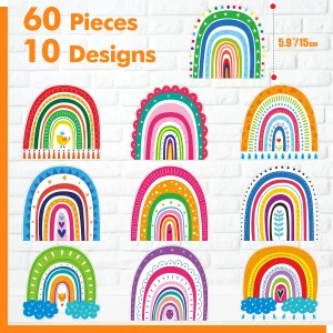 60 PCS Rainbow Cutouts, 10 Designs Colorful Bulletin Board Decoration Erasable with PET Film Cut-Outs DIY Crafts Project Spring Summer Party Supplies