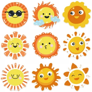 Wonmon 45 PCS Cute Sun Cutouts for Bulletin Board Decoration, Assorted Sun Shape Paper Cutouts Student Nameplates for Craft Spring Summer Back to Sch