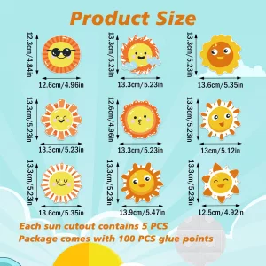 Wonmon 45 PCS Cute Sun Cutouts for Bulletin Board Decoration, Assorted Sun Shape Paper Cutouts Student Nameplates for Craft Spring Summer Back to Sch