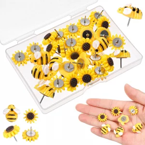 30 Pcs Sunflower Bee Push Pins Bee Shaped Craft Embellishment Decorative Resin Decorative Flower Cork Board Tacks Thumb Tack for Cork Board Office Ho
