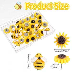 30 Pcs Sunflower Bee Push Pins Bee Shaped Craft Embellishment Decorative Resin Decorative Flower Cork Board Tacks Thumb Tack for Cork Board Office Ho