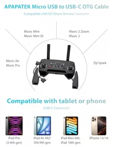 Micro USB to USB-C Data Cable for DJI Spark/Mavic Pro/Mavic Mini 1st & SE/Mavic 2 Series/Mavic Air 1st Drone Controller, Link for iPhone 17 16 15 iPa